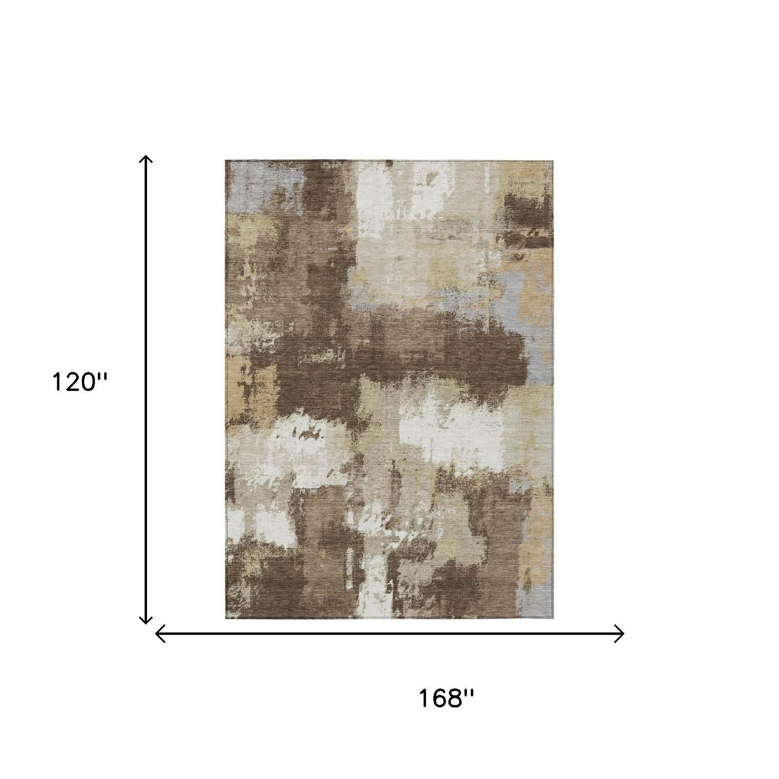 Abstract washable area rug with chocolate-brown and beige block pattern, flat weave