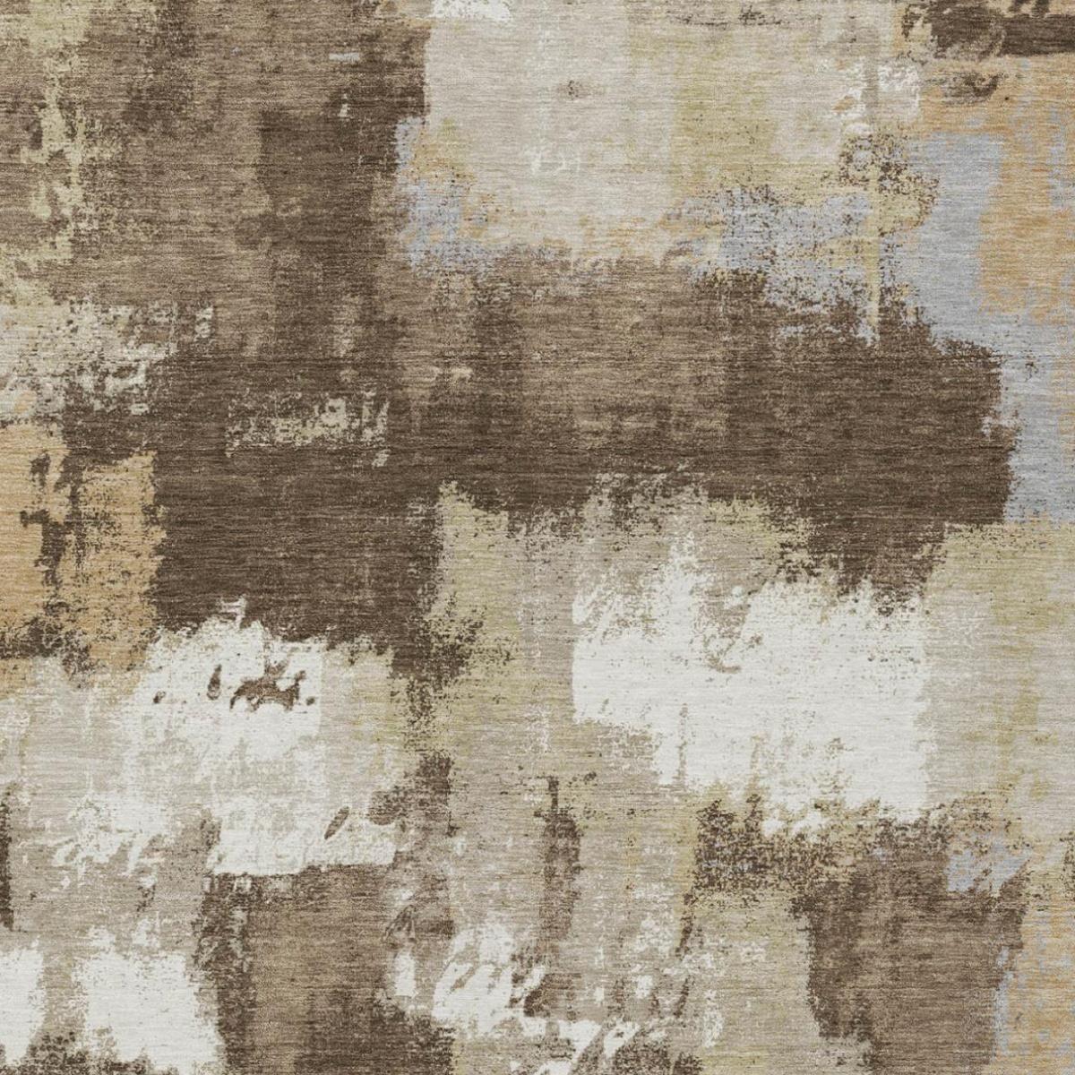 Close-up abstract rug texture with dark brown, tan, and cream faded block design