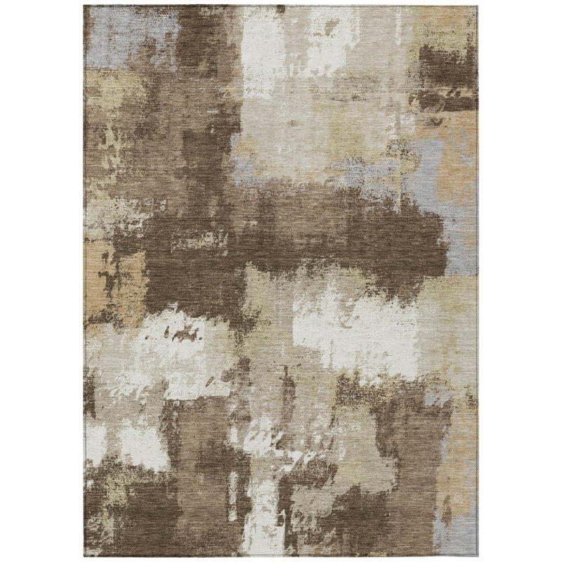Abstract area rug in taupe, cream, and dark brown with distressed rectangle blocks