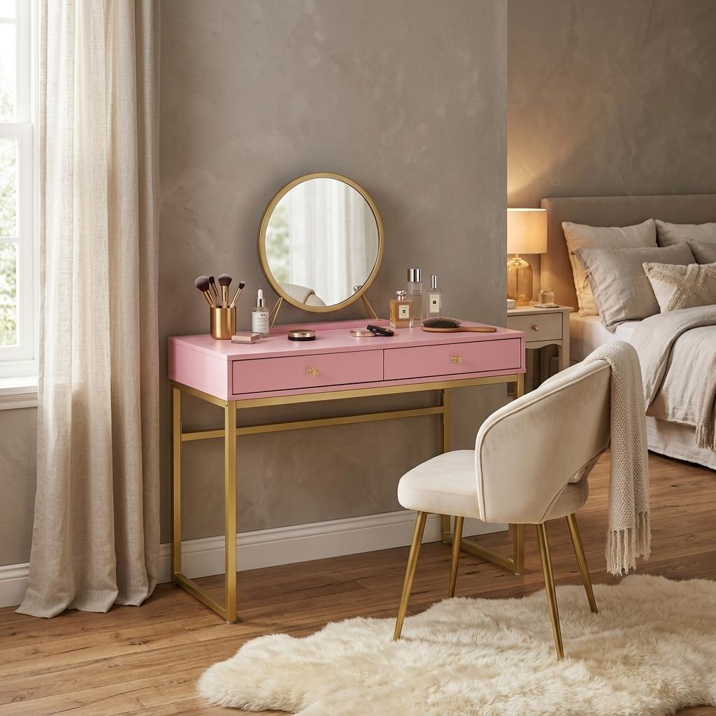 42" Gold And Pink Wood Vanity Table With Mirror And Two Drawers - Living Room
