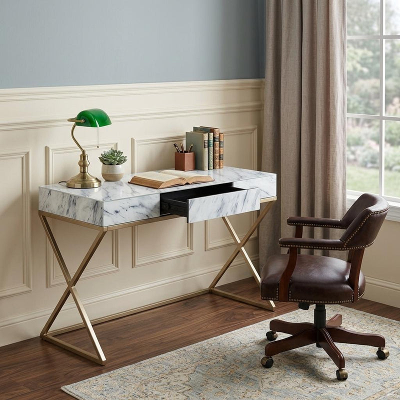 45" White and Bronze Glass and Iron Sled With Two Drawers - Office