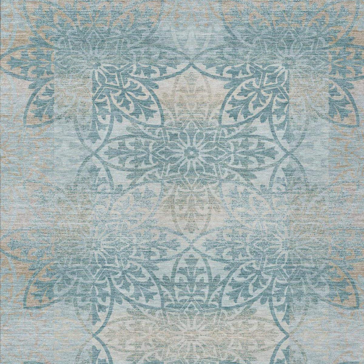 10' X 14' Teal Blue And Silver Oriental Washable Indoor Outdoor Area Rug - Sports & Outdoor