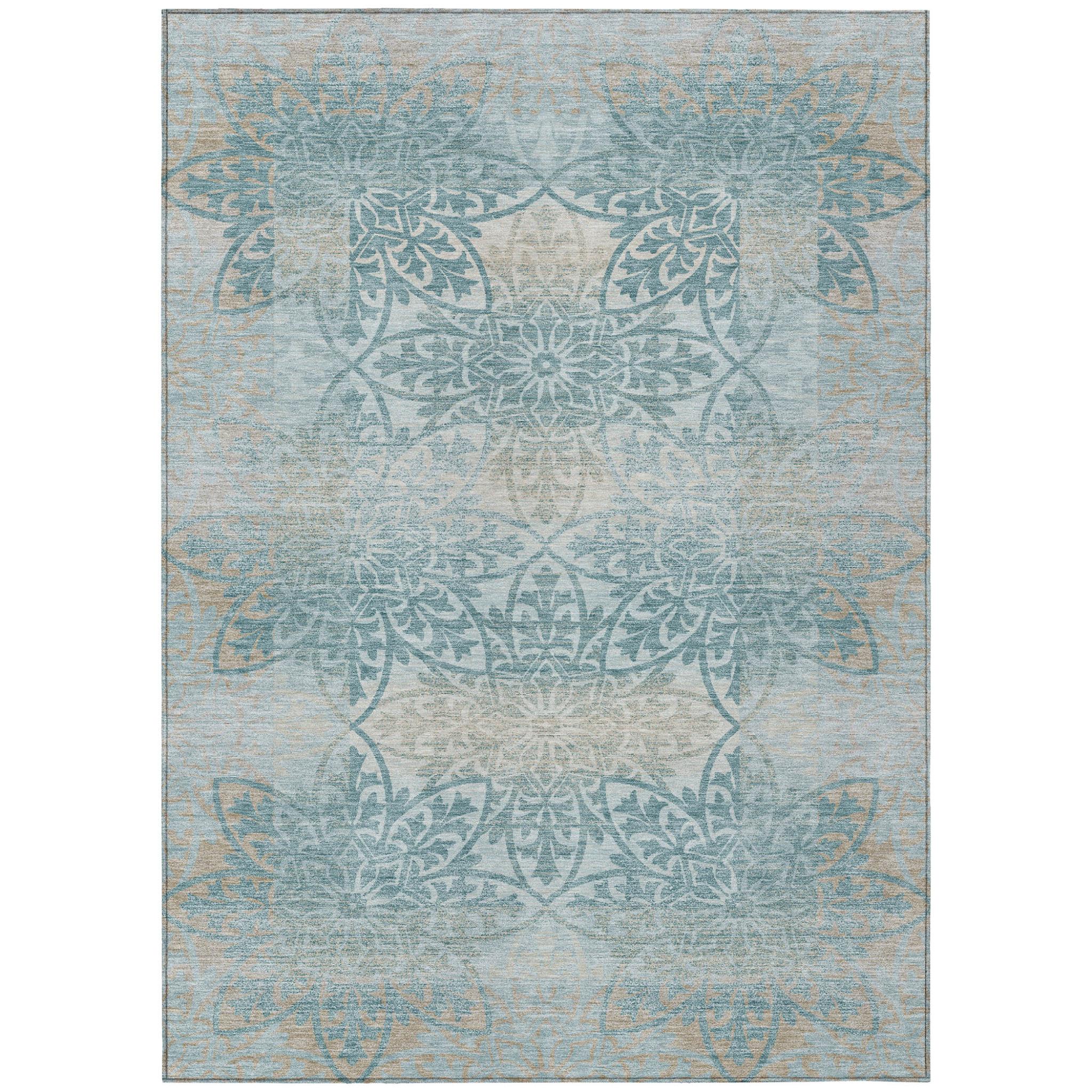 10' X 14' Teal Blue And Silver Oriental Washable Indoor Outdoor Area Rug - Sports & Outdoor
