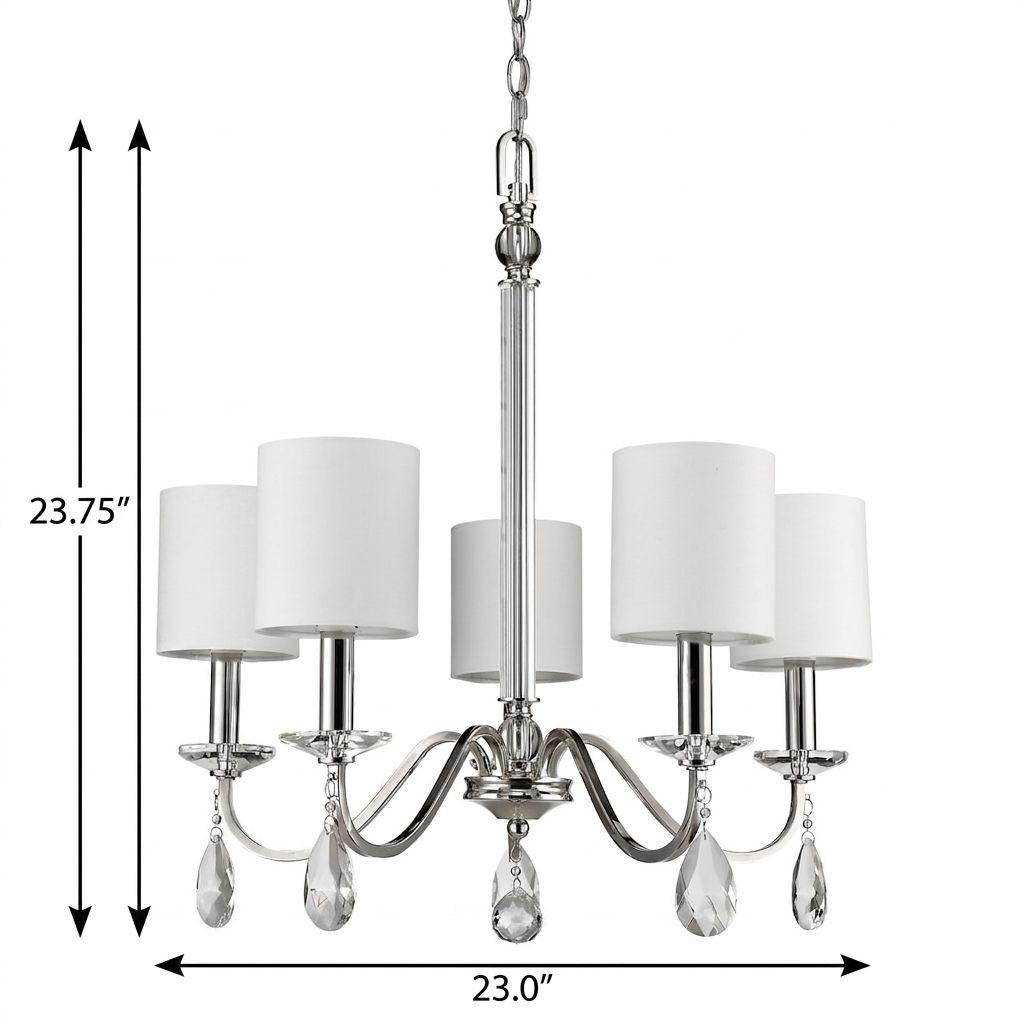 Silver Candle Style Five Light Metal and Crystals Dimmable Chandelier With White Shades - Lighting