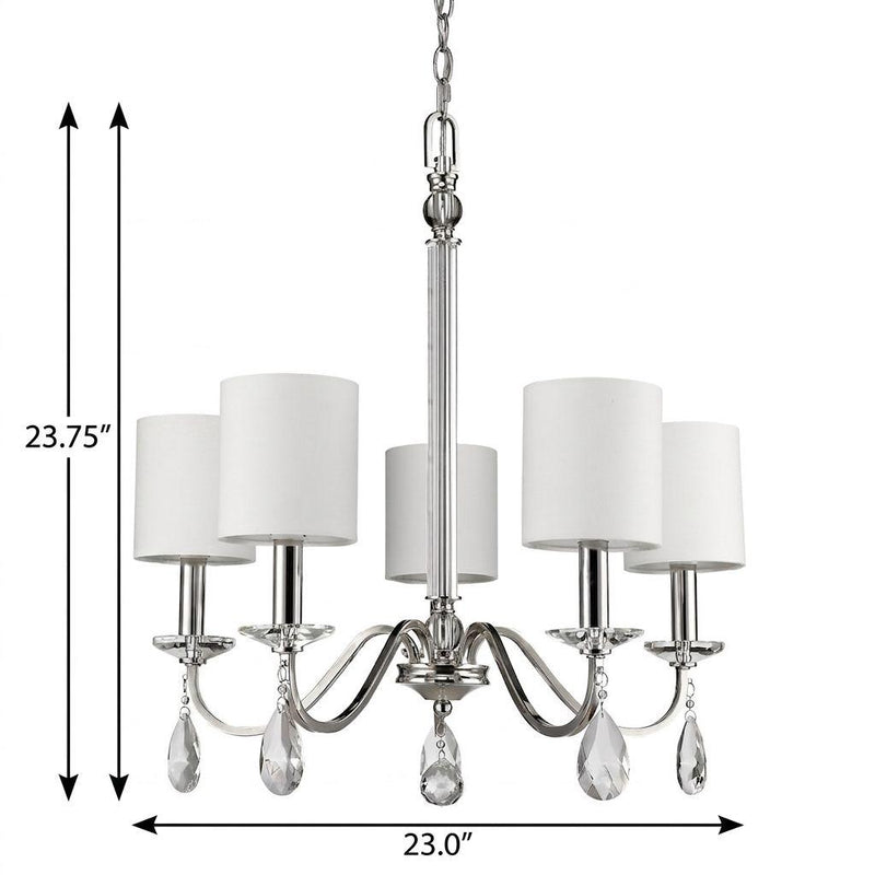 Silver Candle Style Five Light Metal and Crystals Dimmable Chandelier With White Shades - Lighting