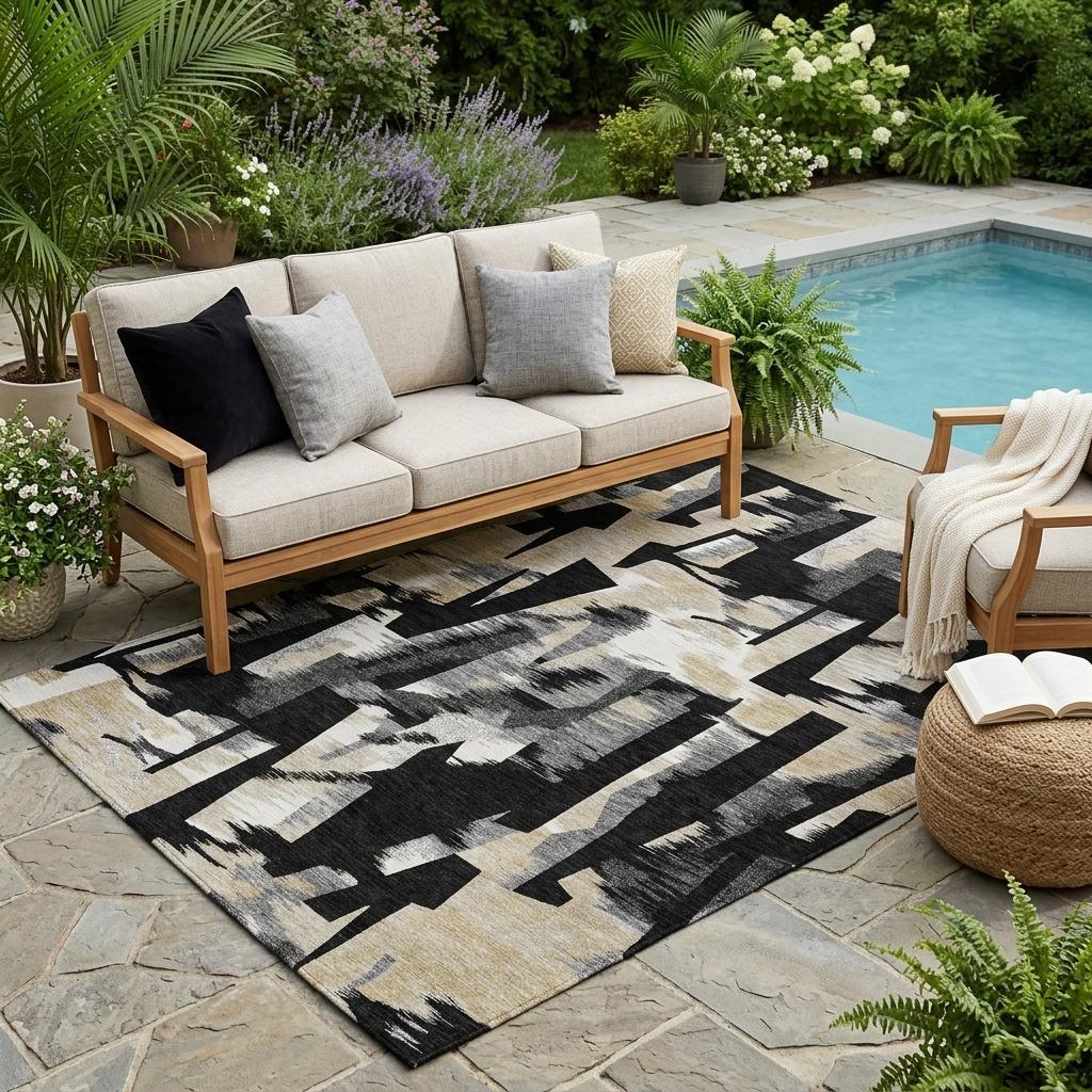 Abstract area rug with black and graphite geometric strokes on beige, large rectangular.