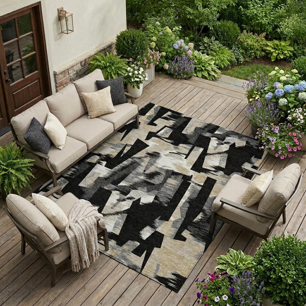 Abstract area rug in black, graphite gray, and cream geometric pattern