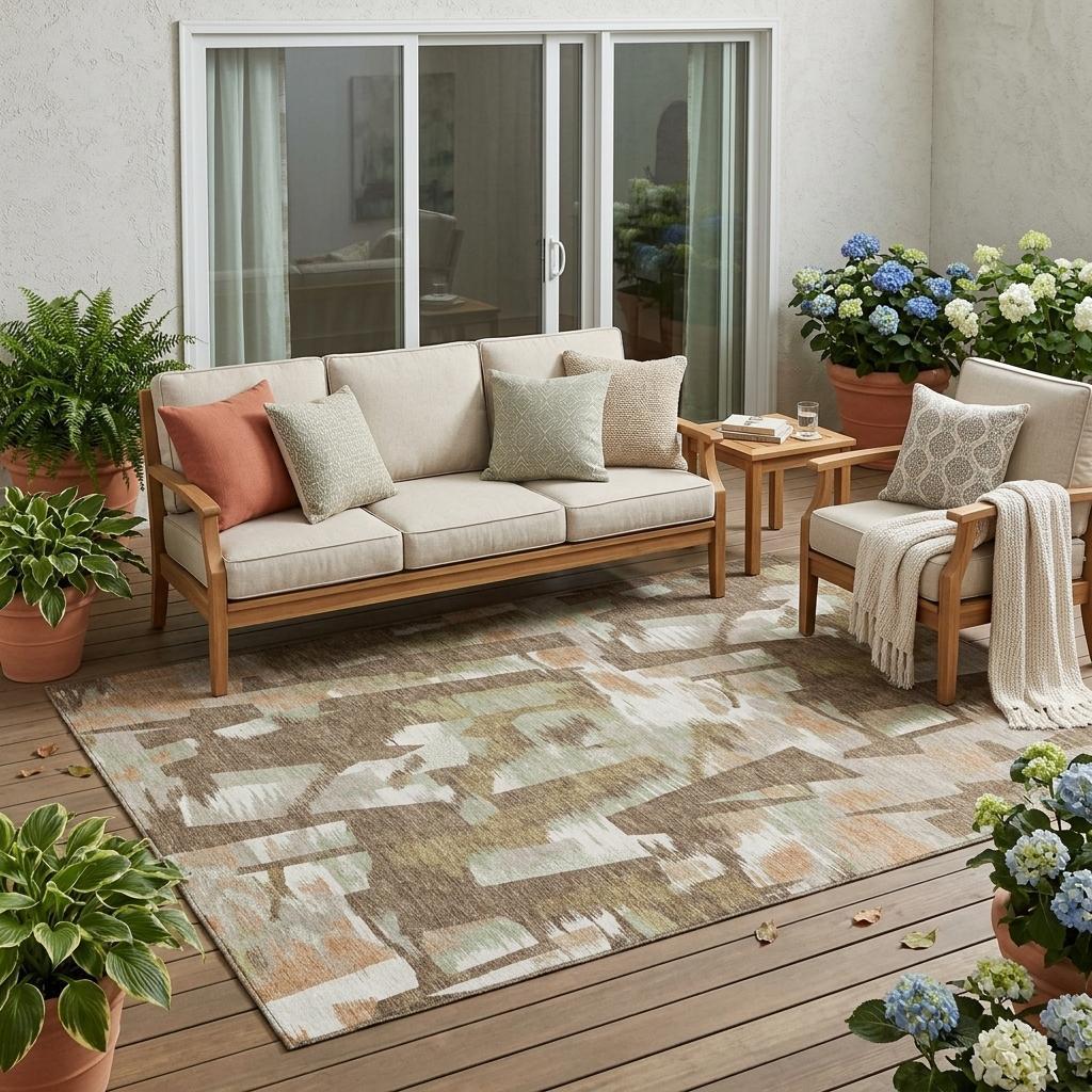 Abstract brown and beige area rug on an outdoor patio with seating nearby.