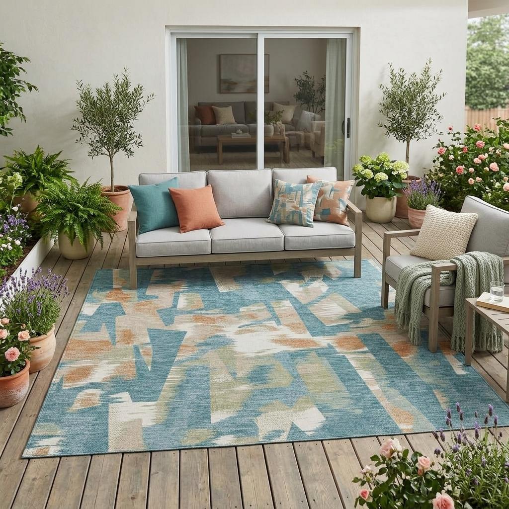 Rectangle teal blue abstract area rug with beige and cream block pattern