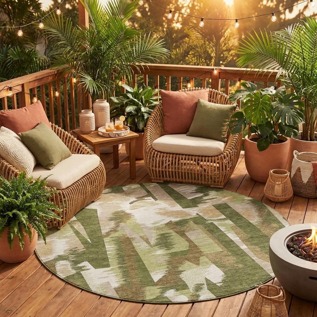 Round abstract outdoor area rug with olive green and cream geometric block pattern