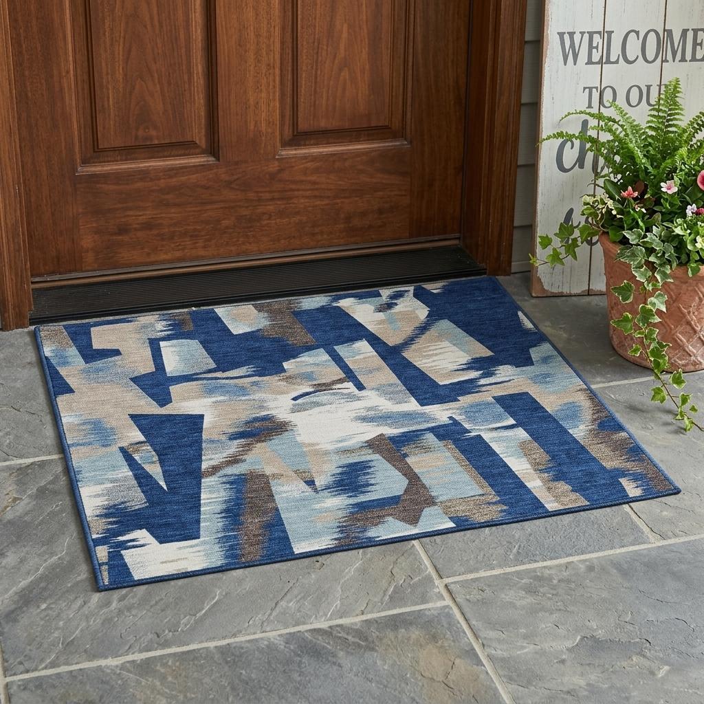 Washable abstract area rug, blue and beige geometric pattern on floor