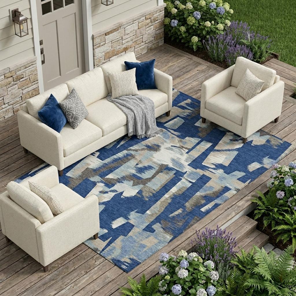 Blue and beige abstract area rug in outdoor setting with geometric pattern