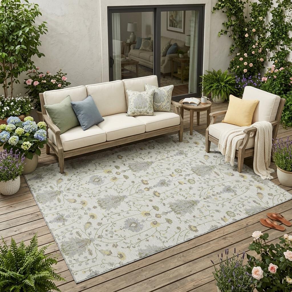 Ivory oriental area rug with vintage floral scrolls and medallions in muted green and gray