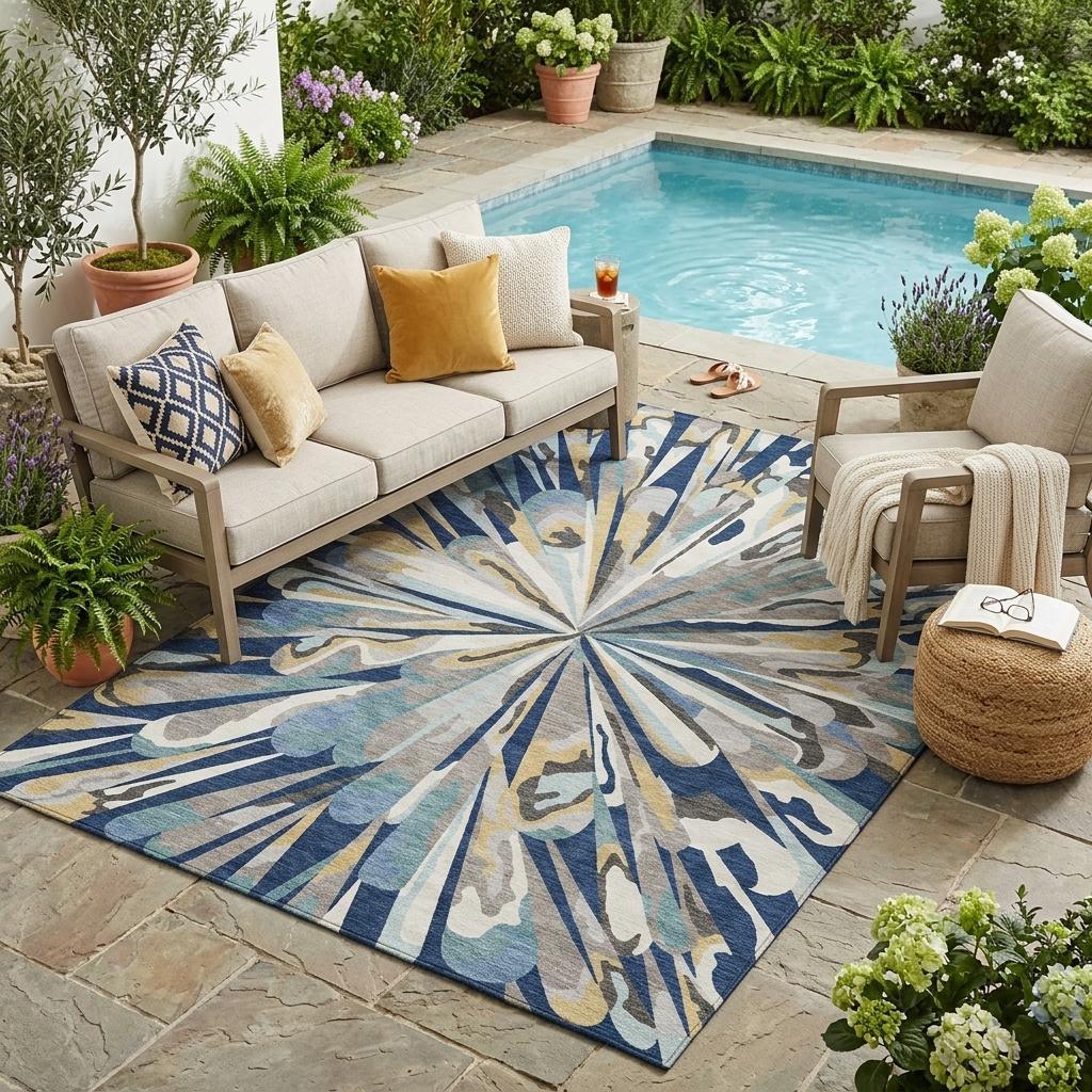 Navy blue abstract indoor outdoor area rug with large radial sunburst pattern in blue tones