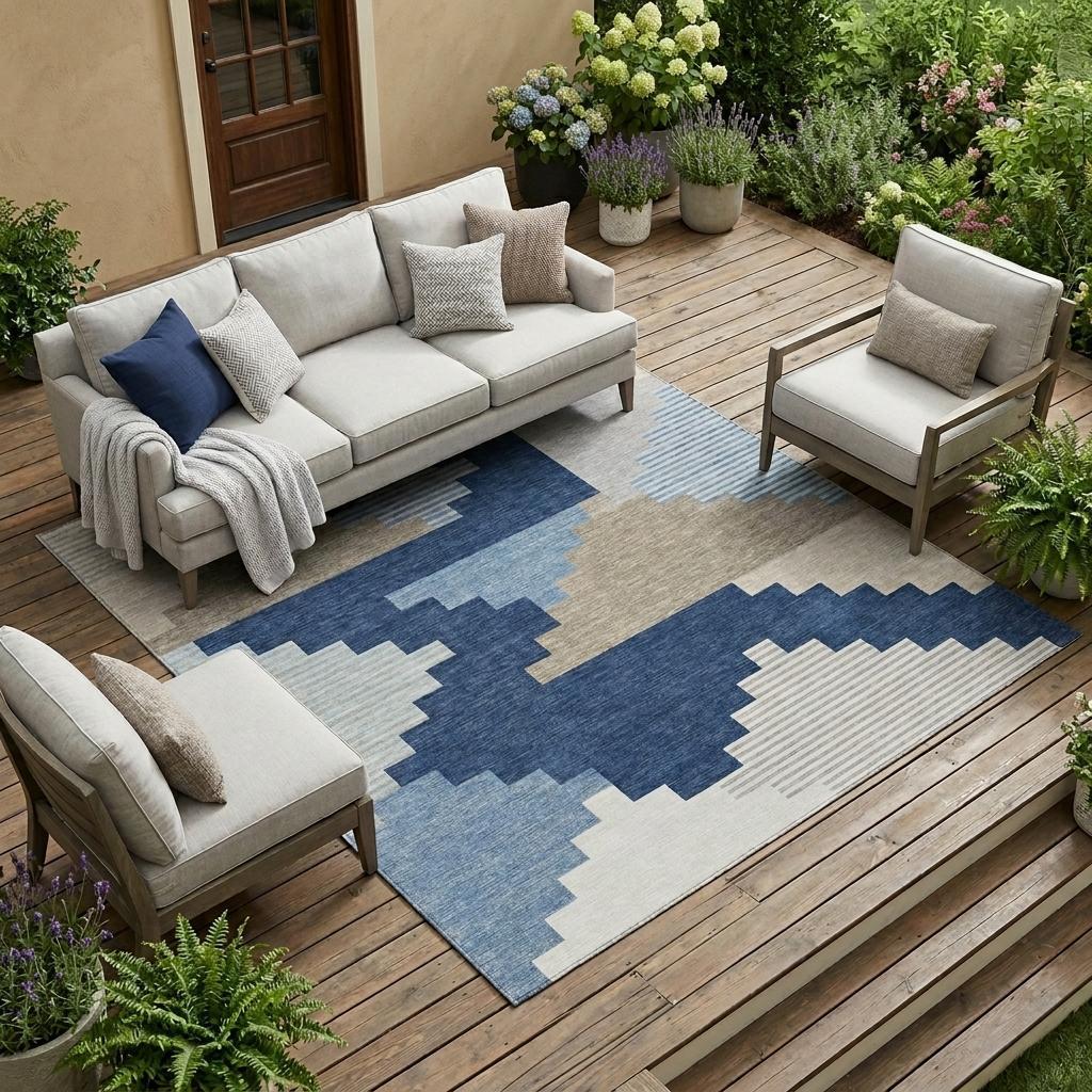Washable indoor/outdoor area rug with navy and light-blue geometric pattern and beige accents