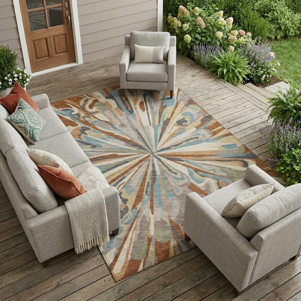 Abstract indoor/outdoor area rug with centered radial sunburst in teal, orange, and beige