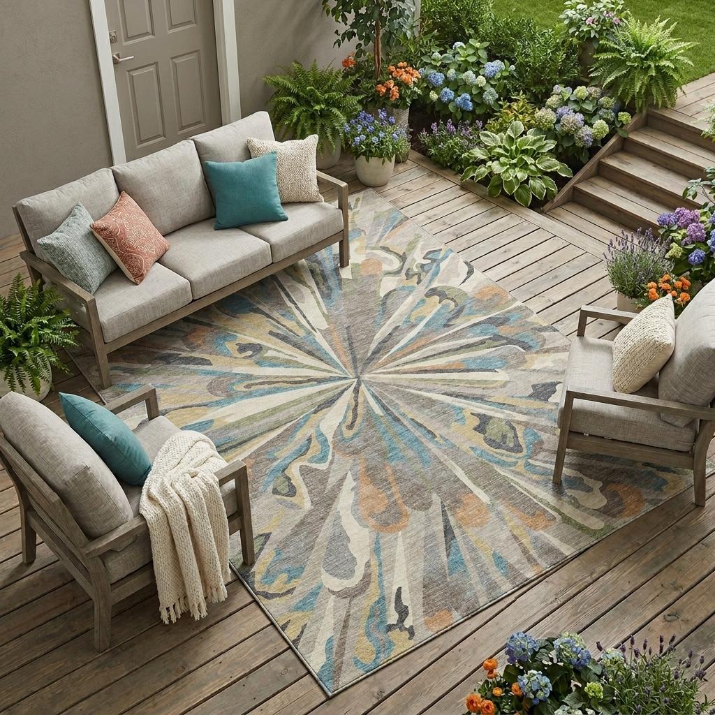 Sunburst abstract rug in beige and blue under outdoor patio furniture setting.