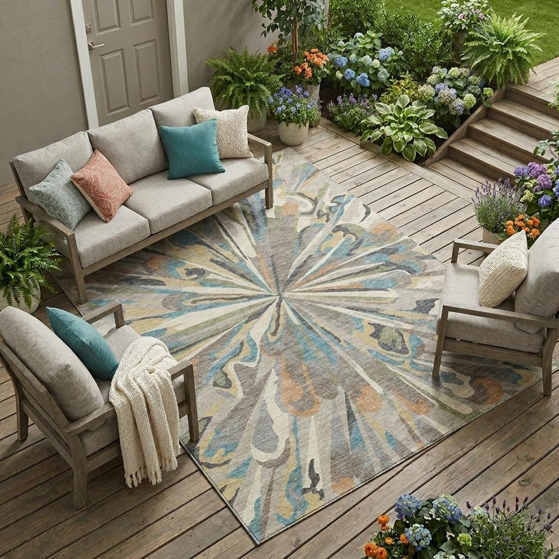 Sunburst abstract rug in beige and blue under outdoor patio furniture setting.