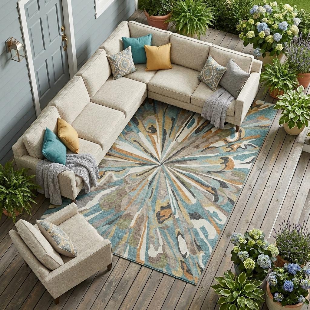 Teal blue and beige abstract area rug beneath outdoor seating on a wooden deck