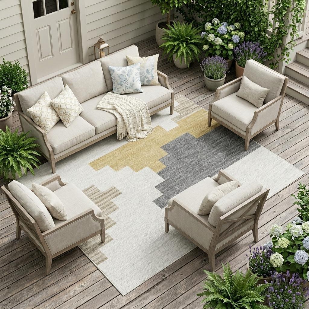 Geometric area rug with ivory base and beige/gray stepped block pattern