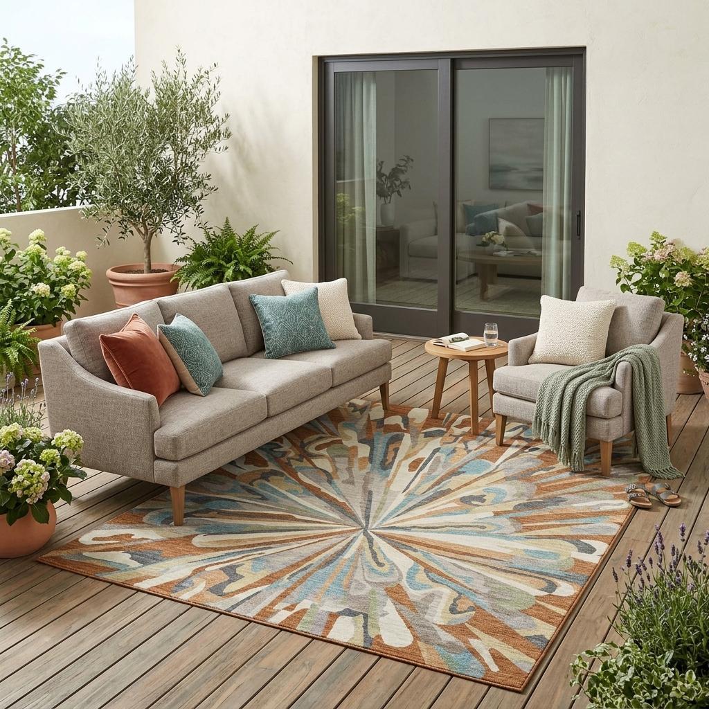 Abstract area rug with sunburst pattern in orange, teal, cream, and brown for indoor/outdoor use