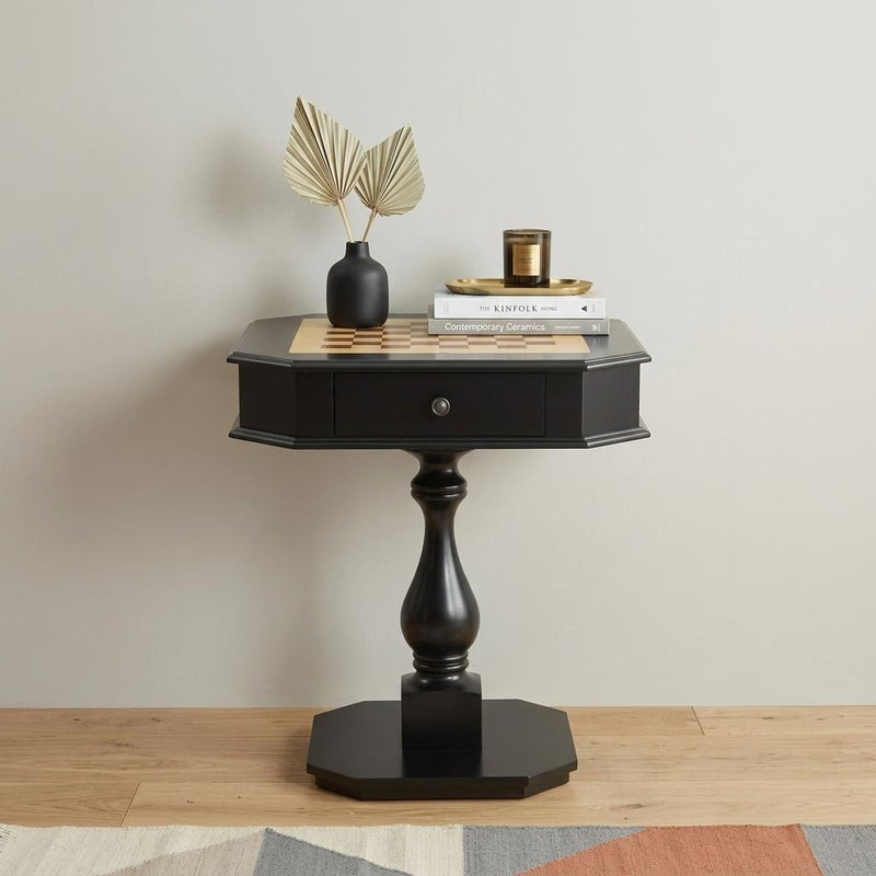 28" Black Wood Octagon Pedestal Console Table With Drawer - Living Room