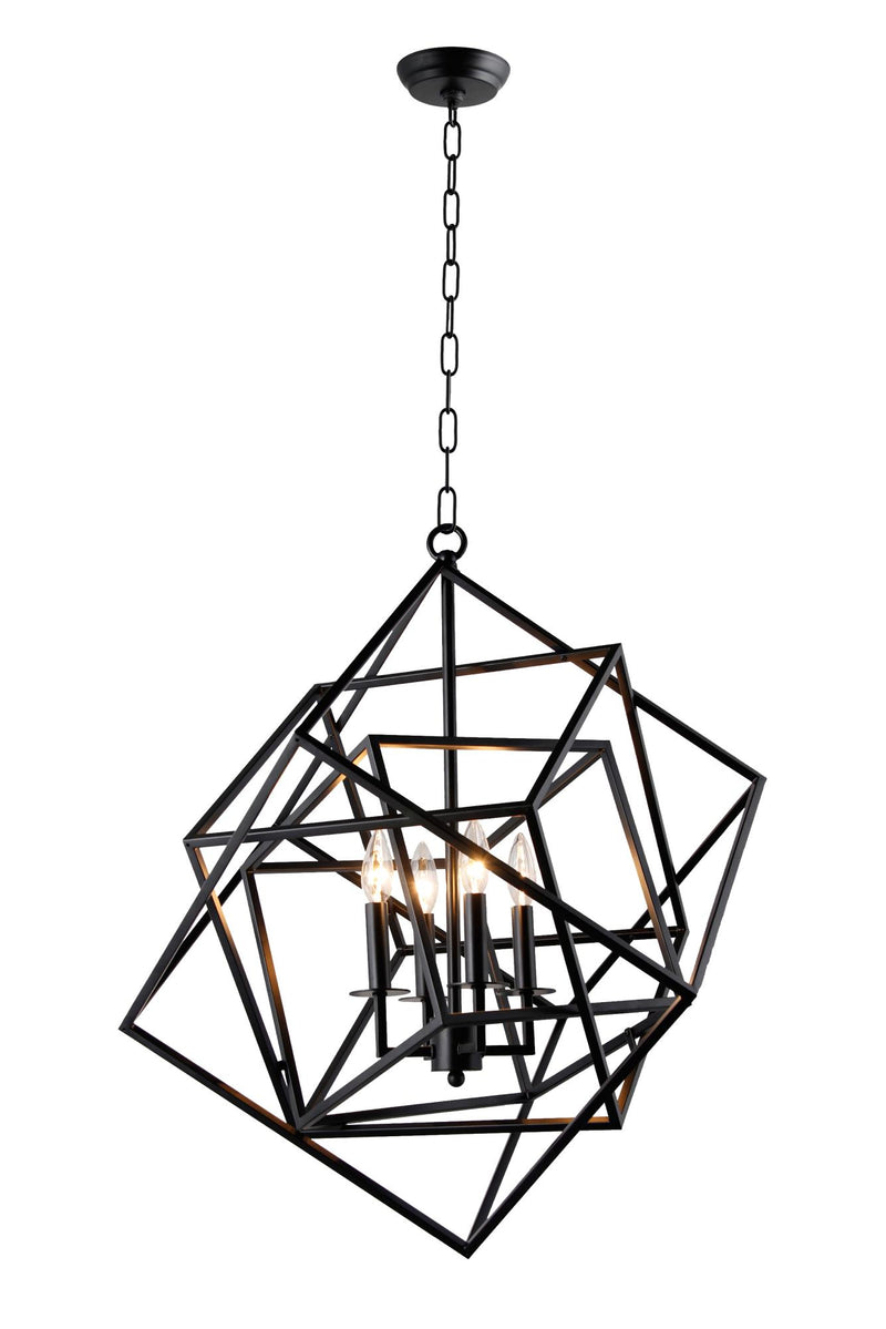 Black Unique Statement Four Light Metal Chandelier With Black Shades - Lighting