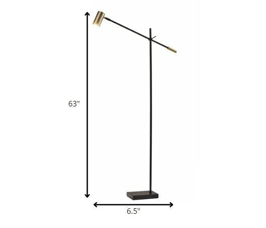 63" Black And Gold Adjustable LED Task Floor Lamp With Antiqued Brass Metal Cylinder Shade - Lighting