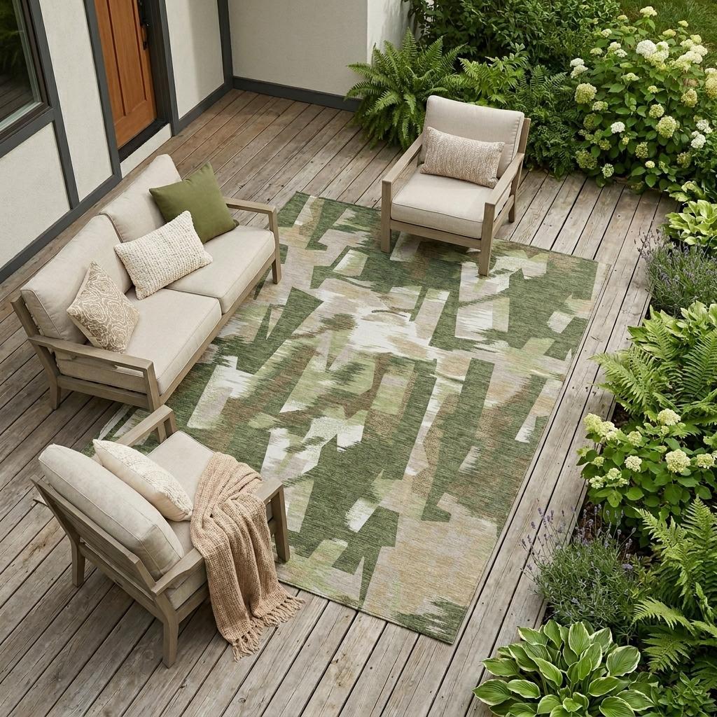 Olive green and cream abstract area rug with geometric block design for indoor/outdoor use.