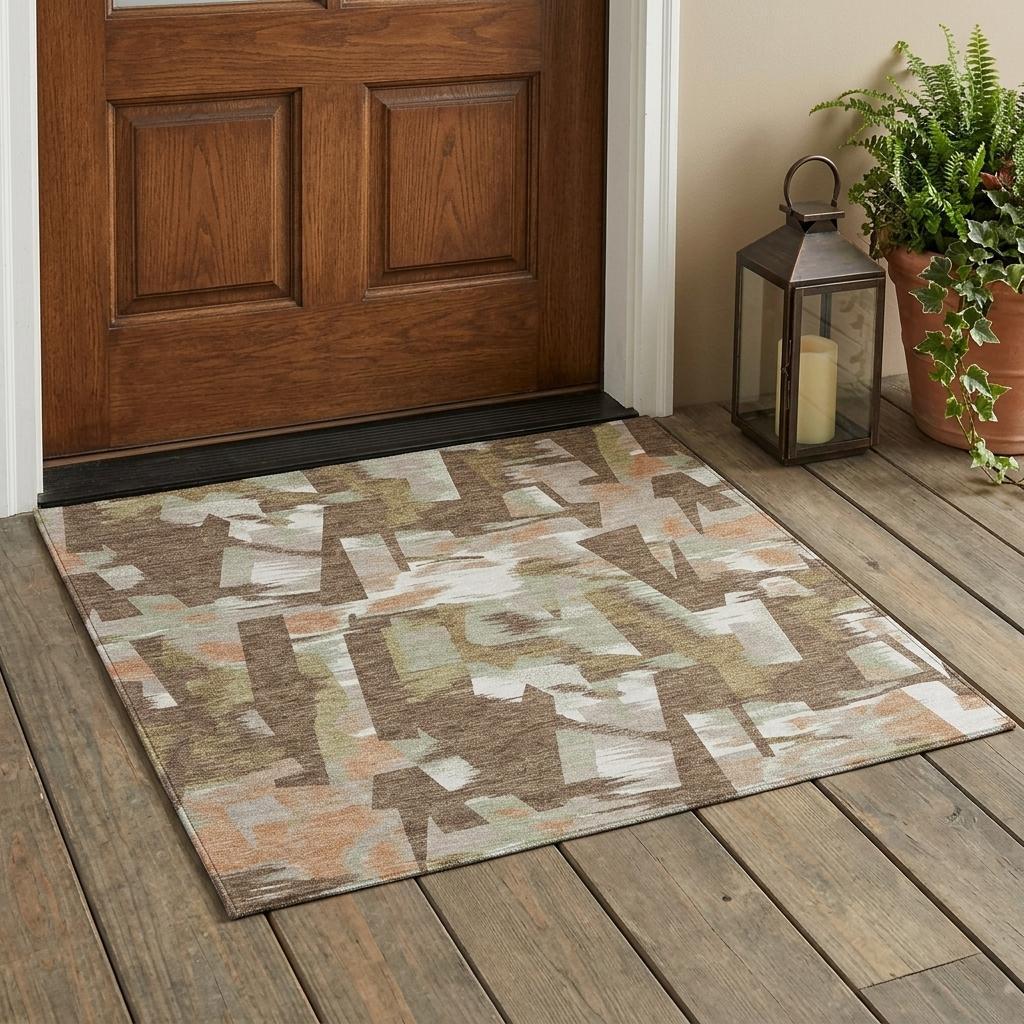 Abstract area rug with geometric blocks in beige, tan, and brown