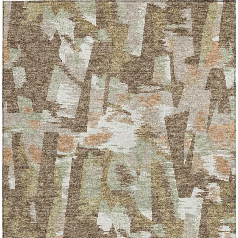 Abstract indoor outdoor area rug with beige, brown, and white block shapes