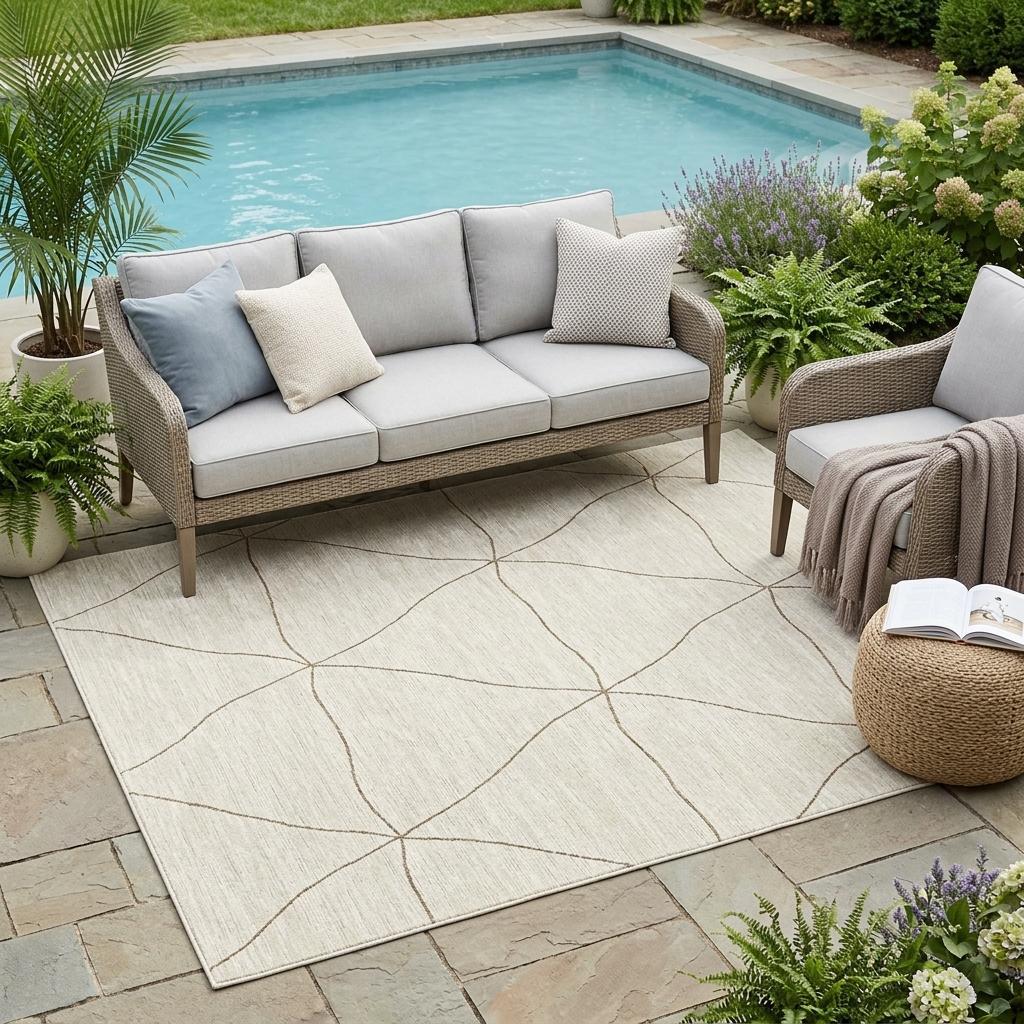 Indoor outdoor area rug with beige field and coffee-brown geometric lines on patio floor.