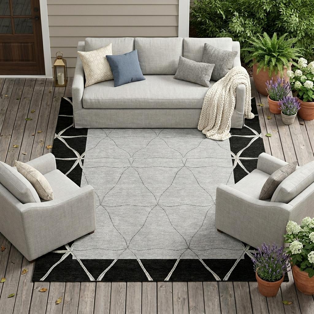 Black and silver geometric area rug with light gray center and white lattice border