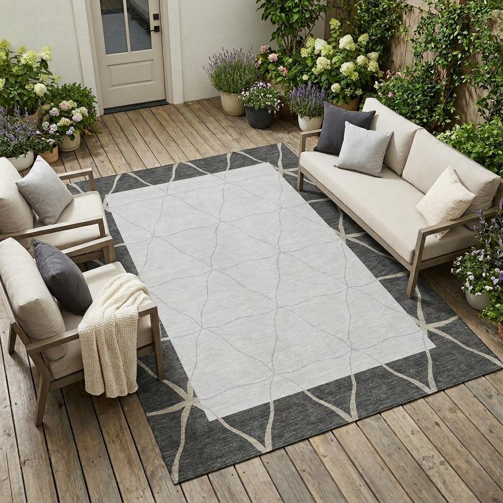 Graphite and light gray geometric area rug with large diamond lattice pattern
