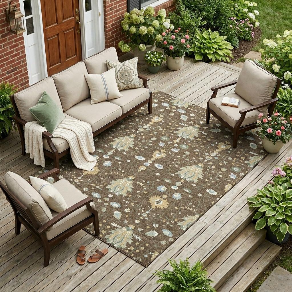 Brown oriental area rug on outdoor wooden deck with cream and light blue floral motifs