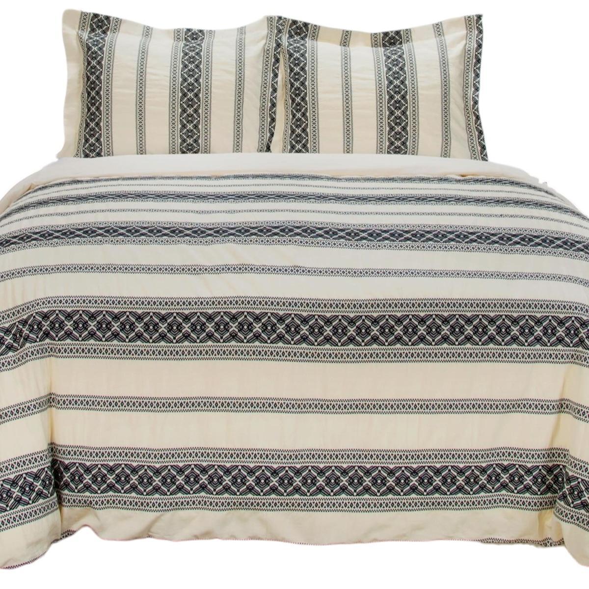 Black And Ivory Queen Cotton Washable Polyester Duvet Cover Set With Two Shams - Bed & Bath