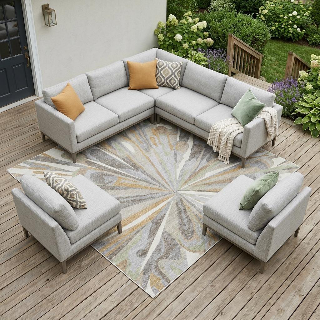 Ivory and silver abstract area rug with radial burst pattern, indoor/outdoor washable style
