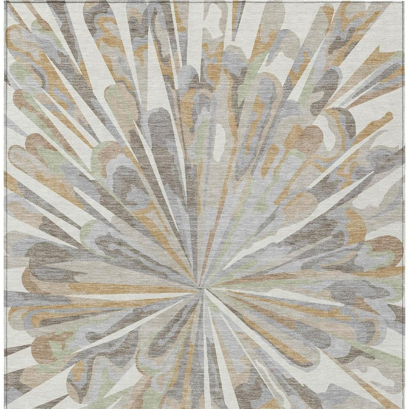 Ivory and silver abstract area rug with starburst radial design and muted geometric accents
