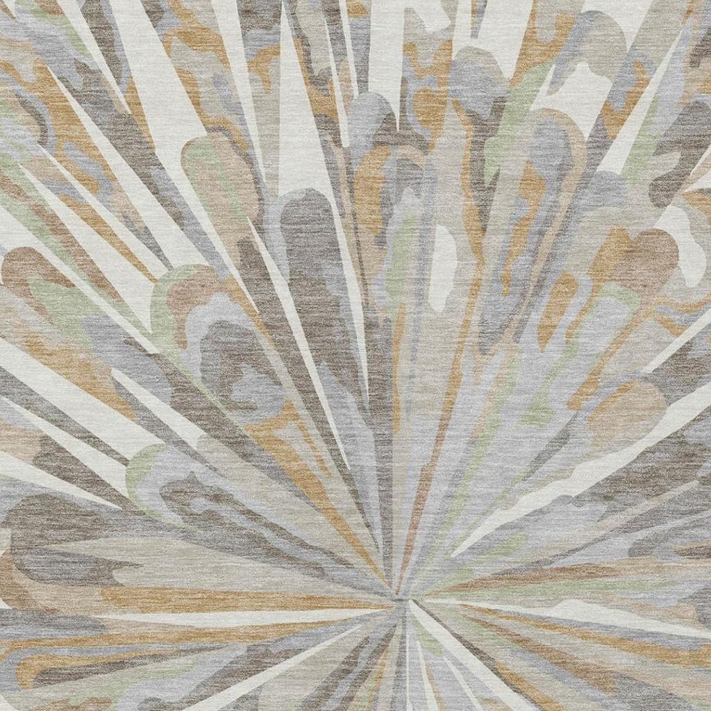 Ivory and silver abstract area rug close-up with sunburst lines and soft multicolor accents