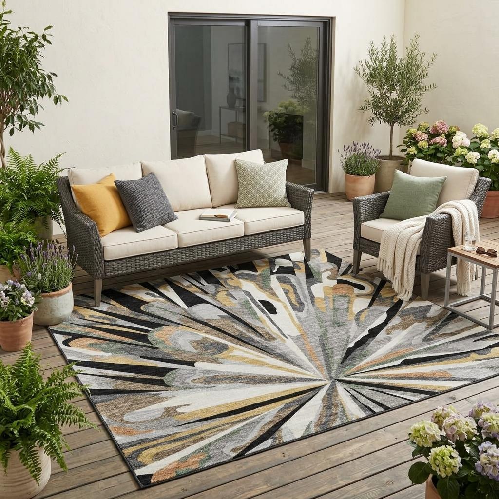 Outdoor indoor area rug with bold radial starburst abstract pattern in black, gray, and tan.