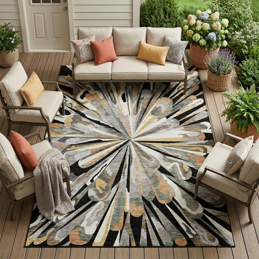 Abstract starburst area rug with black, gray, cream, and gold radial pattern