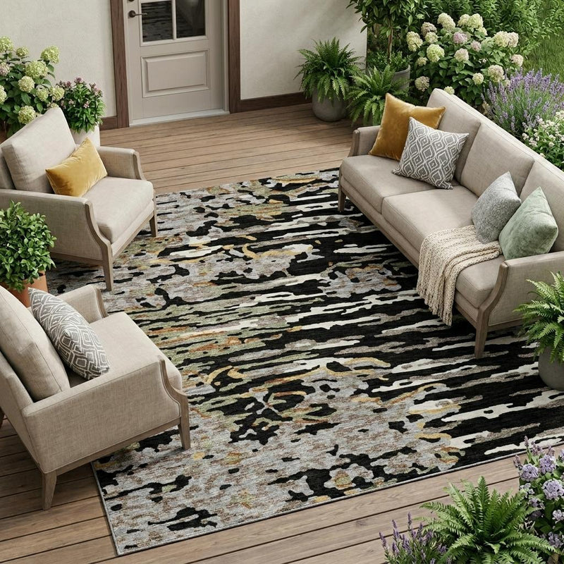 Abstract striped area rug in a living room setting on wooden flooring
