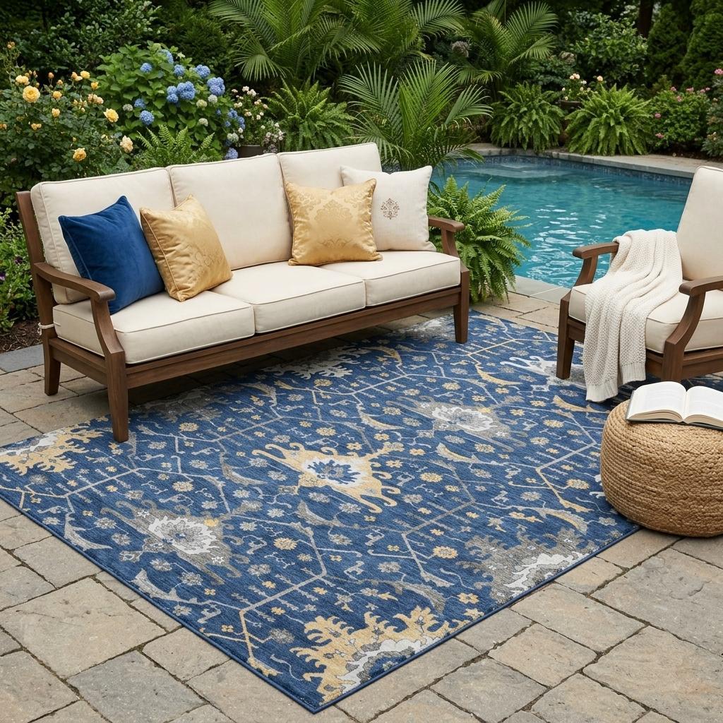 Navy blue outdoor area rug with gold floral patterns, paired with cream sofa and armchair by a serene poolside.