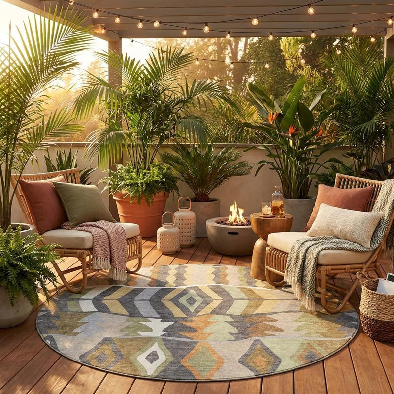Round area rug with multicolor geometric pattern and contrasting border
