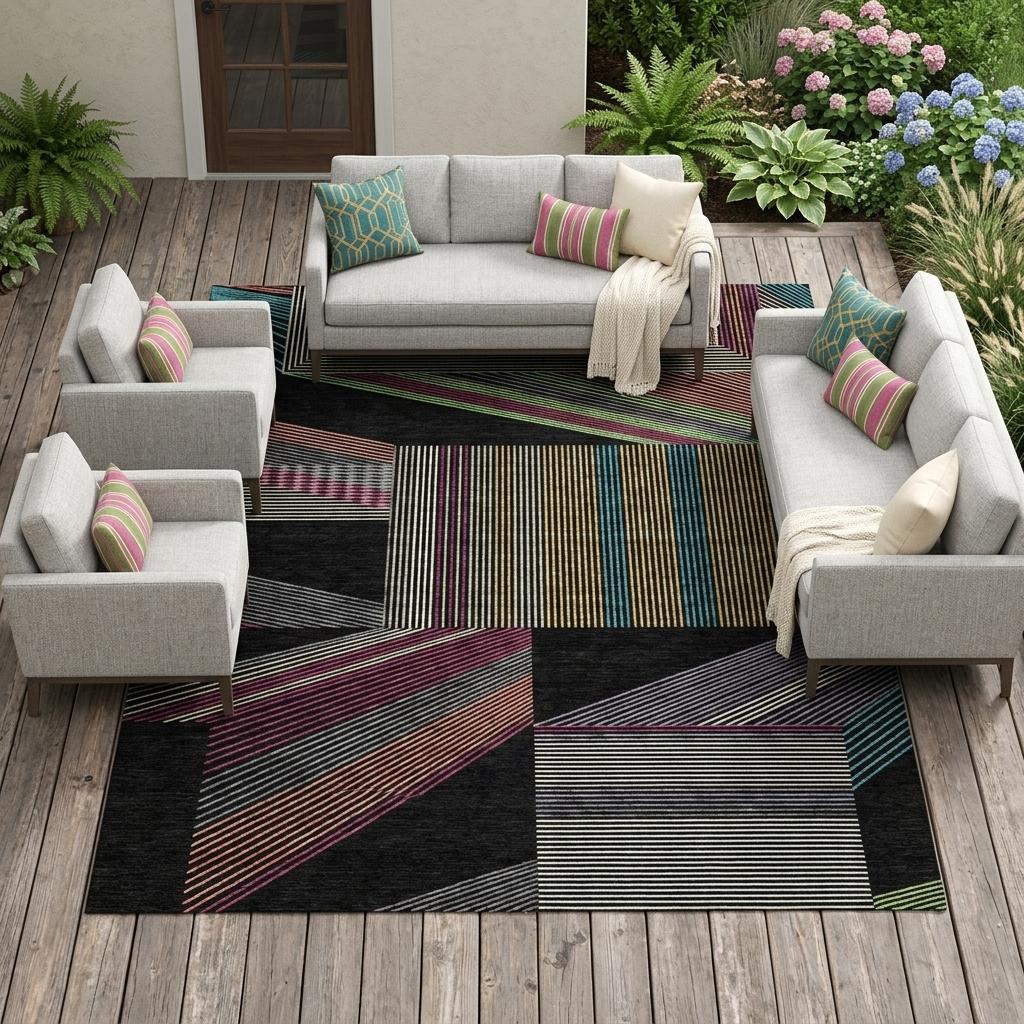 Multicolor geometric area rug with black base, striped blocks, and clean edges