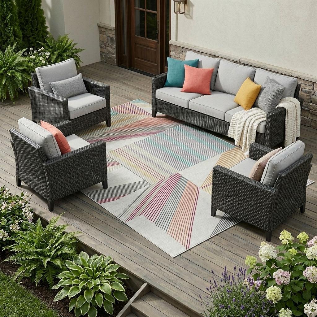 Ivory geometric area rug with multicolor striped blocks; washable indoor/outdoor style
