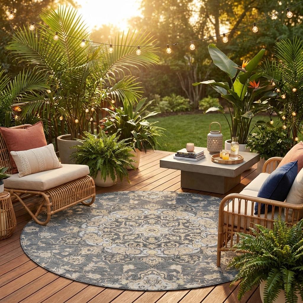 8' Gray And Graphite Round Oriental Washable Indoor Outdoor Area Rug - Sports & Outdoor