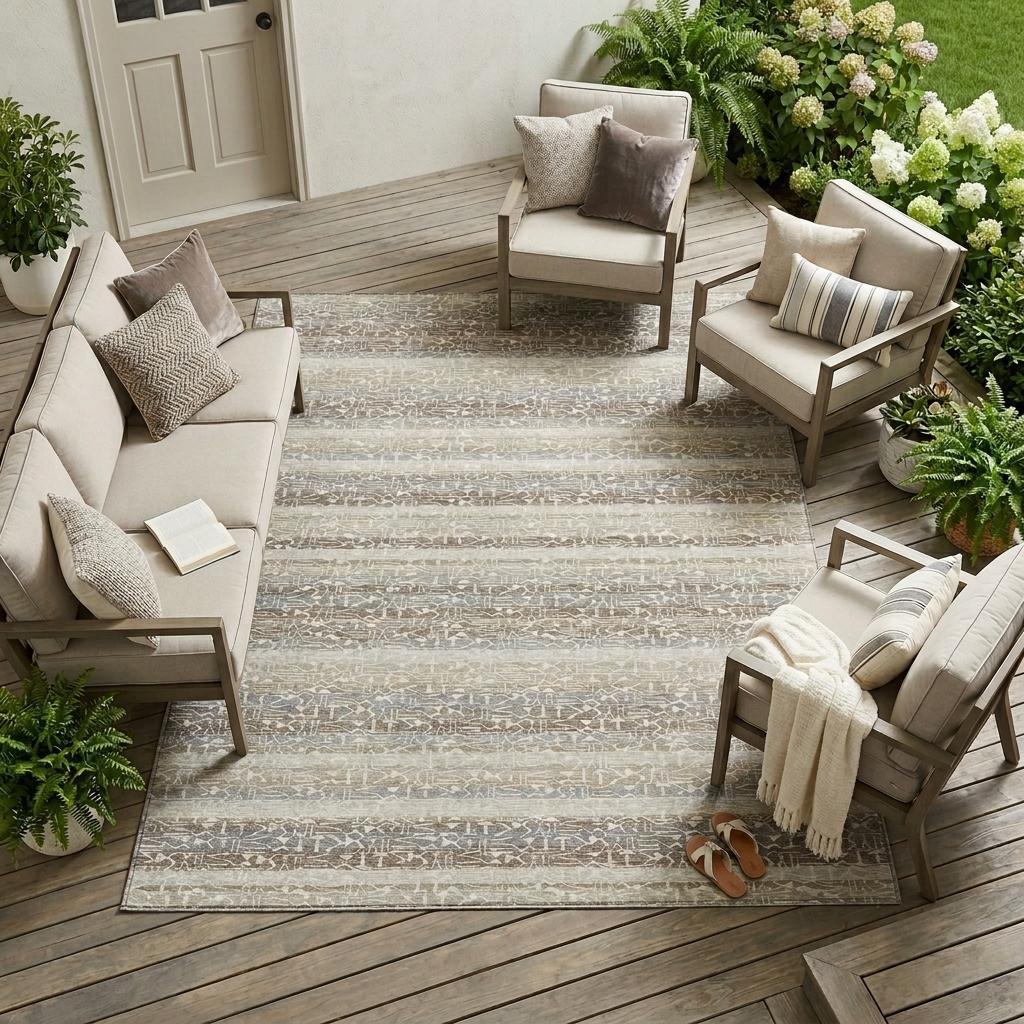 Beige outdoor rug with striped pattern, paired with light gray wooden chairs and cozy cushions on a patio setting.