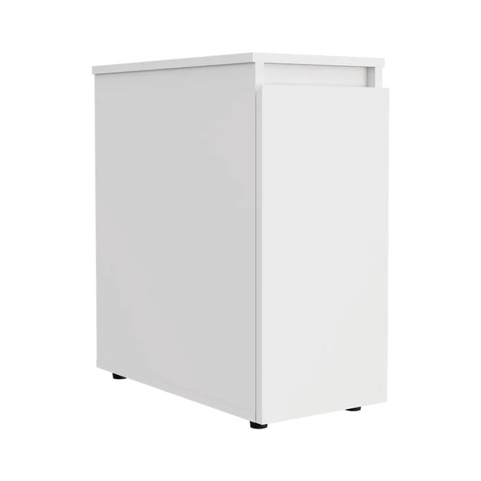 White freestanding bathroom vanity with double doors and flat top