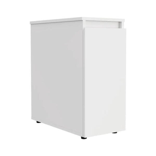 White freestanding bathroom vanity with double doors and flat top